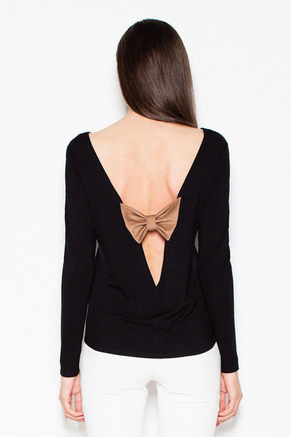 Black long-sleeve blouse with deep open back and tan bow detail