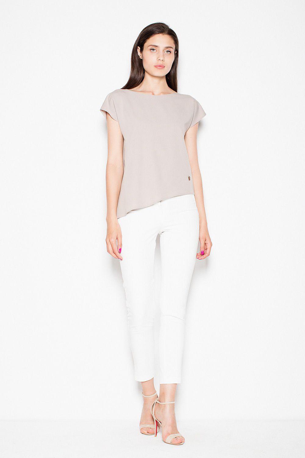 Beige short-sleeve blouse with V-neck and asymmetric draped hem