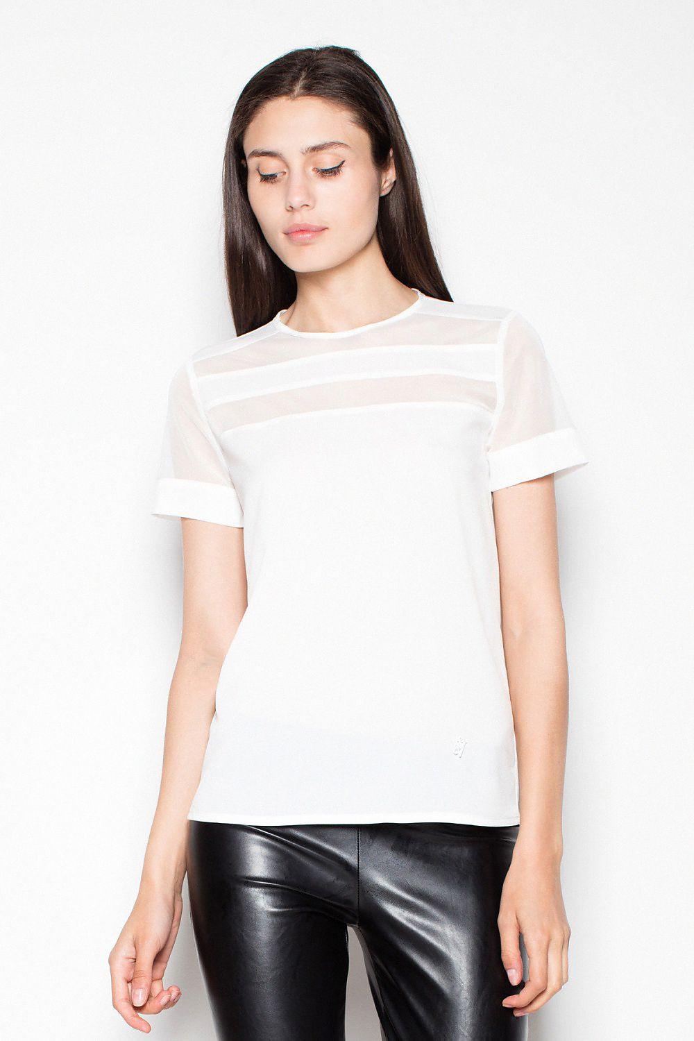 Venaton blouse with sheer horizontal panel and short sleeves