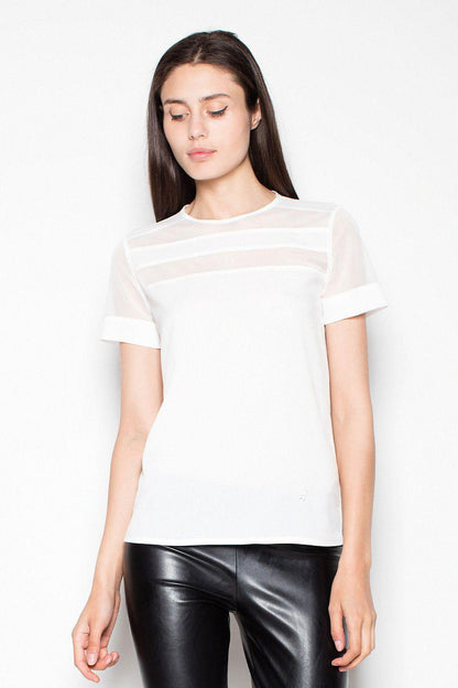 Venaton blouse with sheer horizontal panel and short sleeves