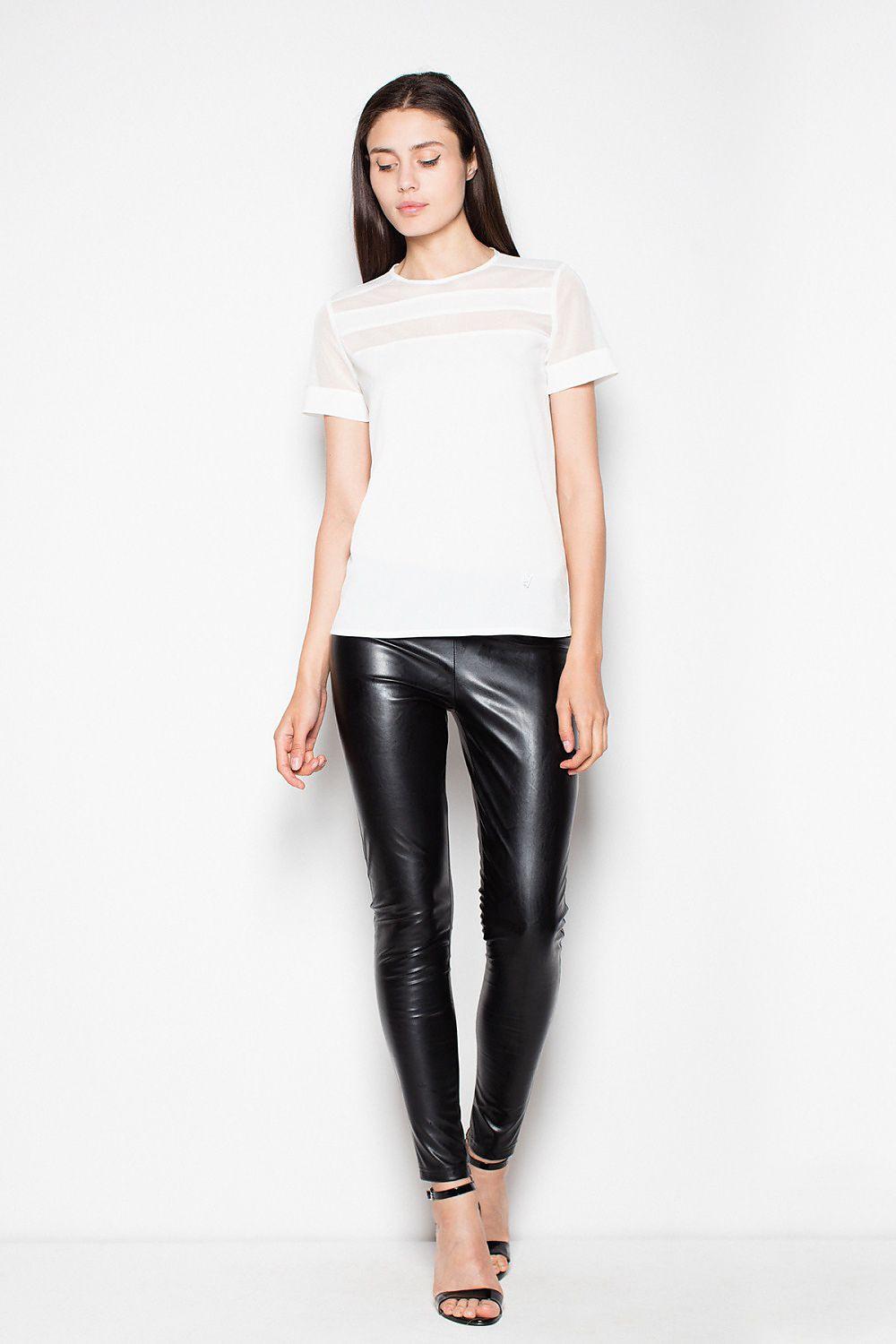 Venaton blouse with short sleeves and sheer striped panel across chest