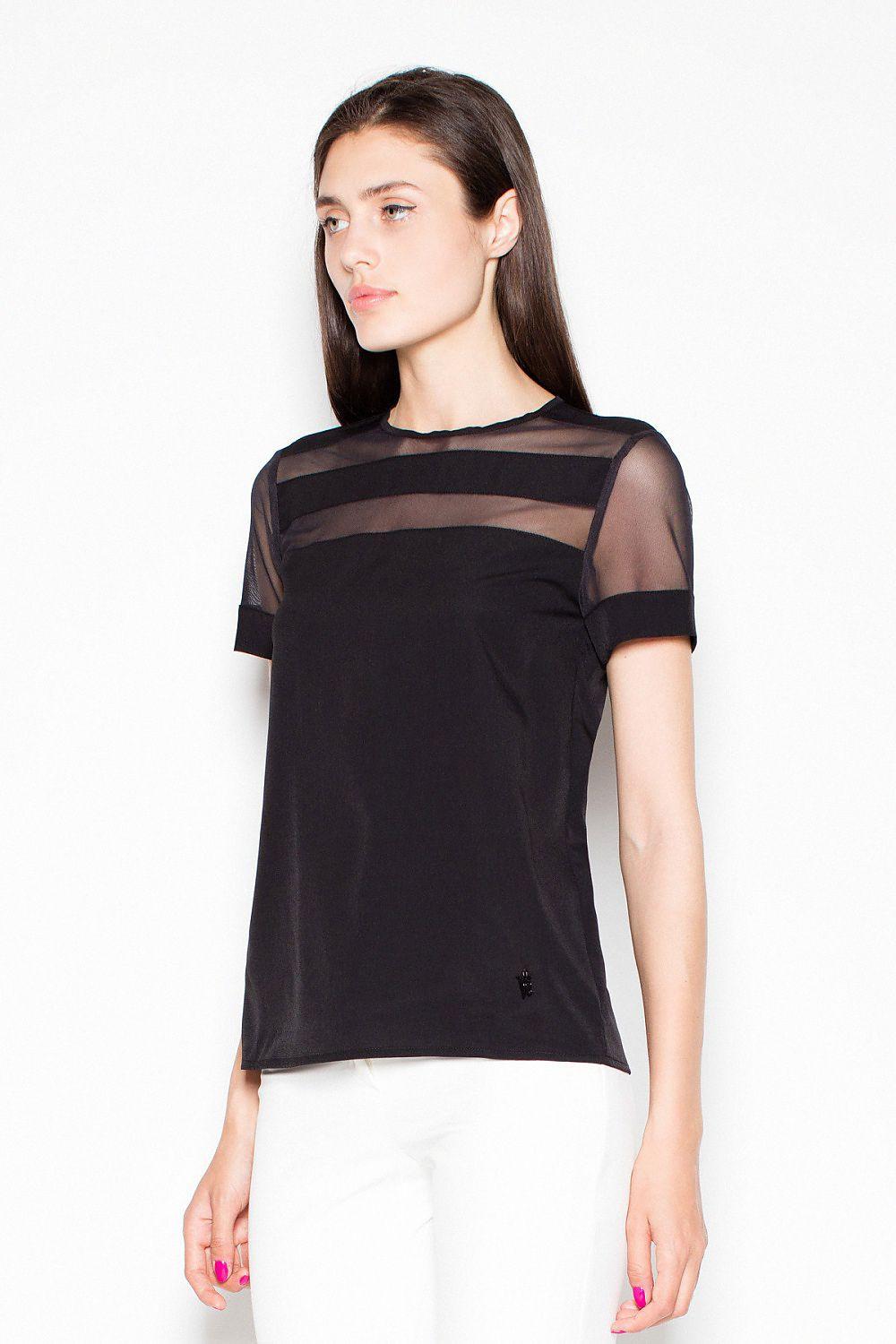 Venaton blouse with sheer yoke and short sleeves in black