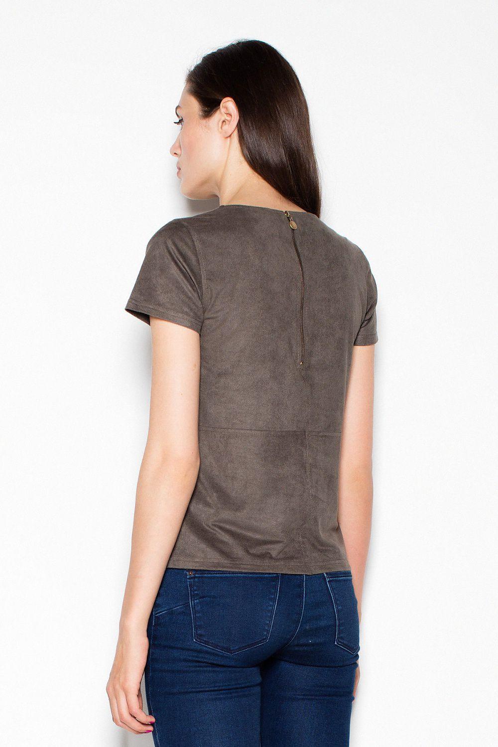 Venaton short-sleeve crewneck blouse, dark brown back view with center seam
