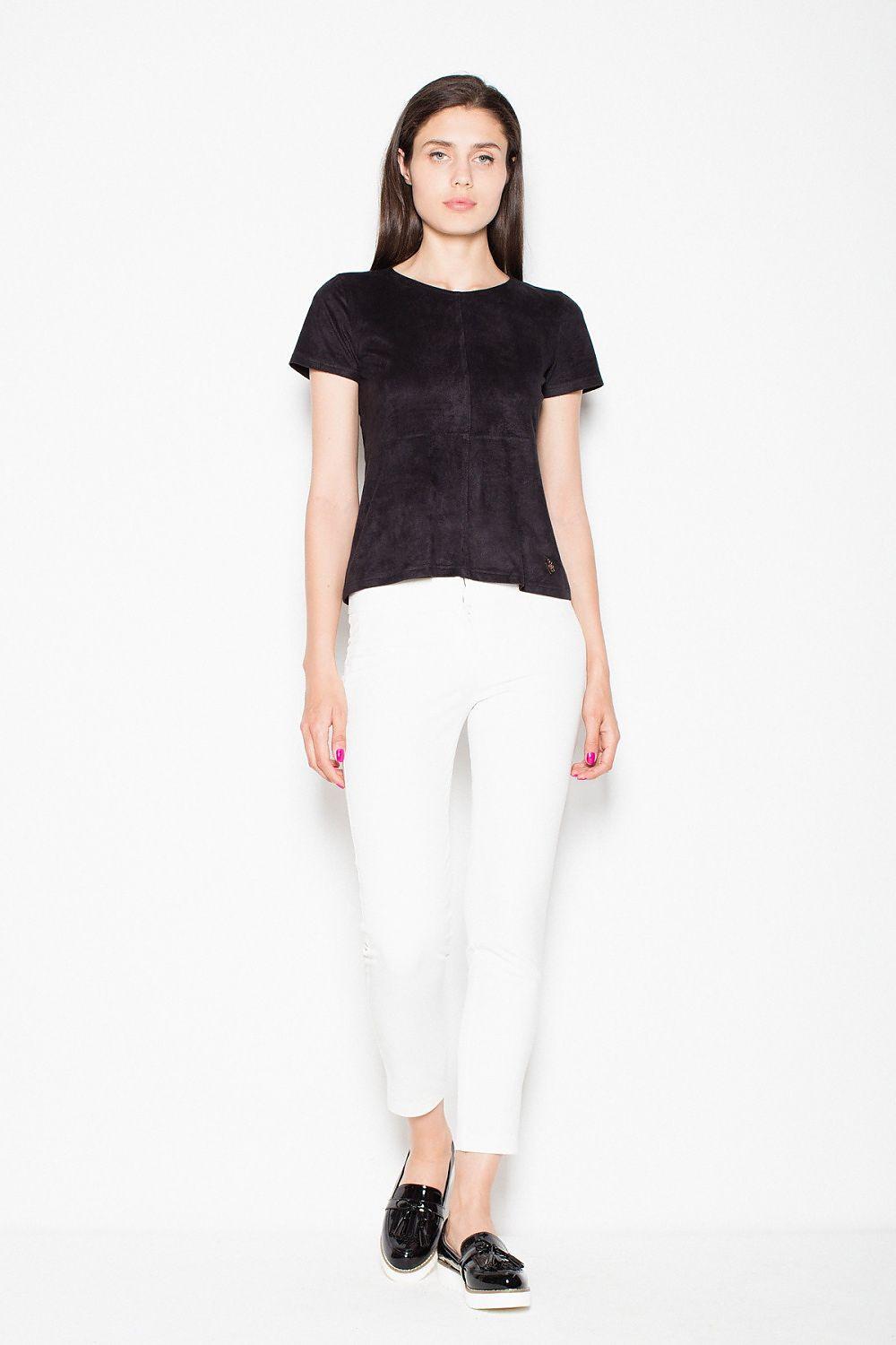 Venaton short-sleeve crewneck blouse, black front view with slightly curved hem