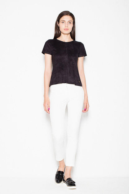 Venaton short-sleeve crewneck blouse, black front view with slightly curved hem