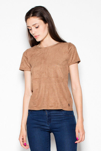 Venaton short-sleeve crewneck blouse, tan brown front view