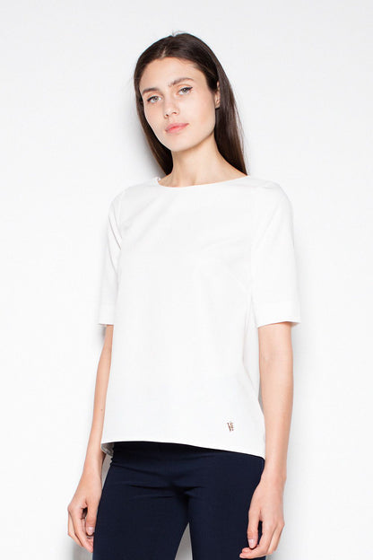 White short-sleeve blouse top with crew neckline and hip-length hem
