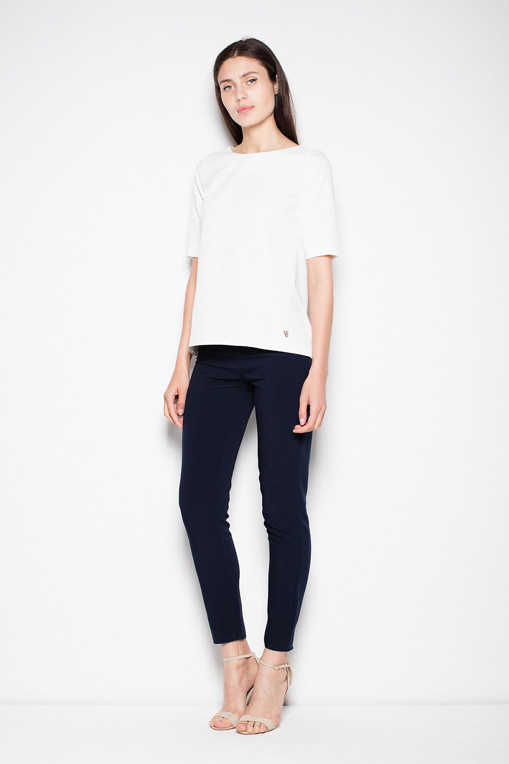White short-sleeve blouse top with crew neckline and slightly curved hem