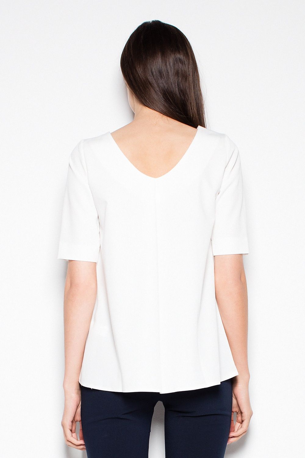 White short-sleeve blouse top with V back neckline