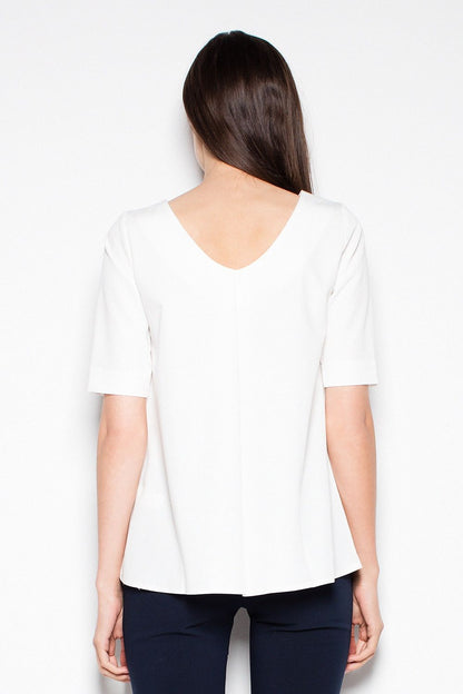 White short-sleeve blouse top with V back neckline