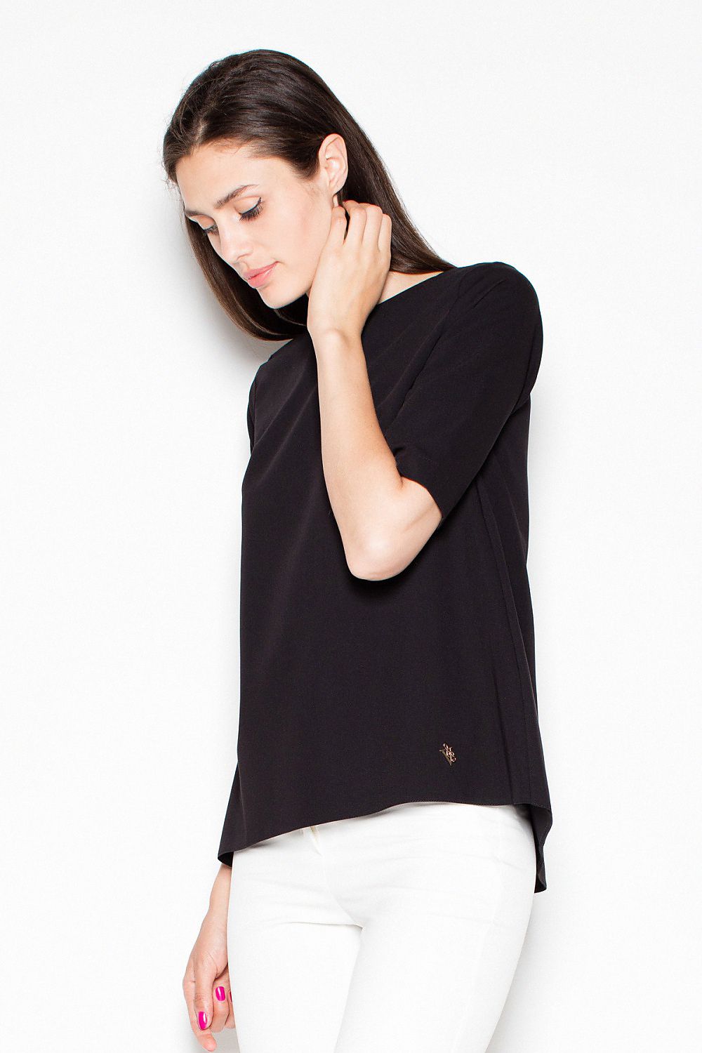Black short-sleeve blouse top with V neckline detail and loose drape