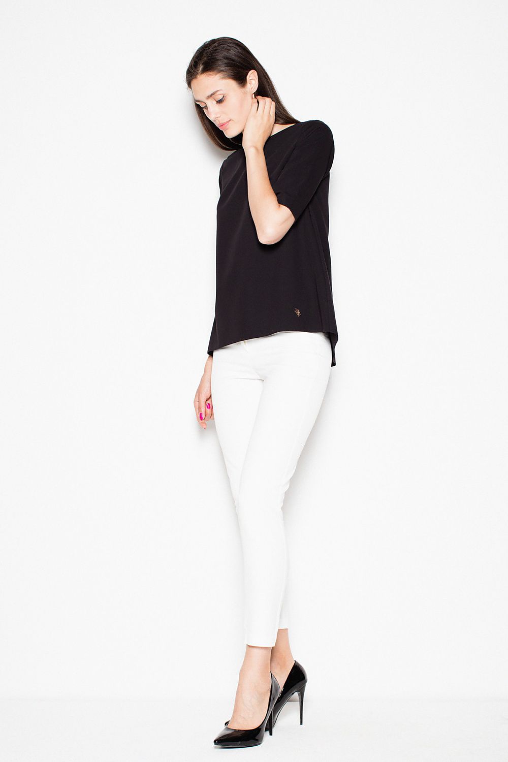 Black short-sleeve blouse top with crew neckline and hip-length hem