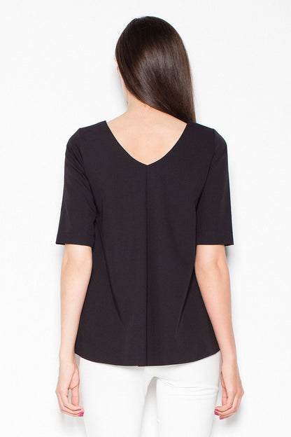 Black short-sleeve blouse top with V back neckline and vertical back seam