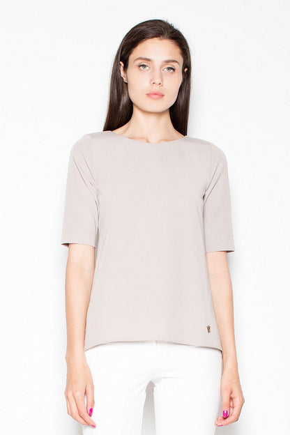 Beige short-sleeve blouse top with straight hem and crew neckline