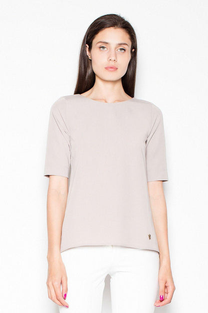 Beige blouse with short sleeves and round neckline, straight hem
