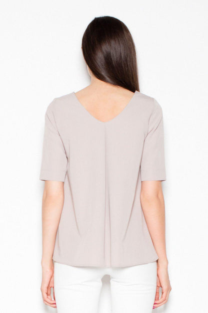 Beige blouse back view with V-shaped neckline and short sleeves