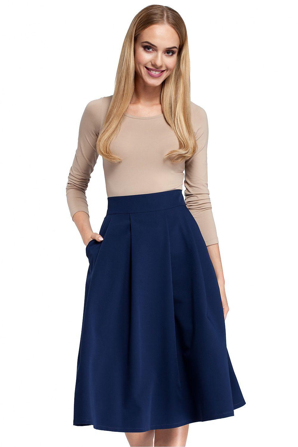 Navy blue A-line midi skirt with pleated front and wide waistband