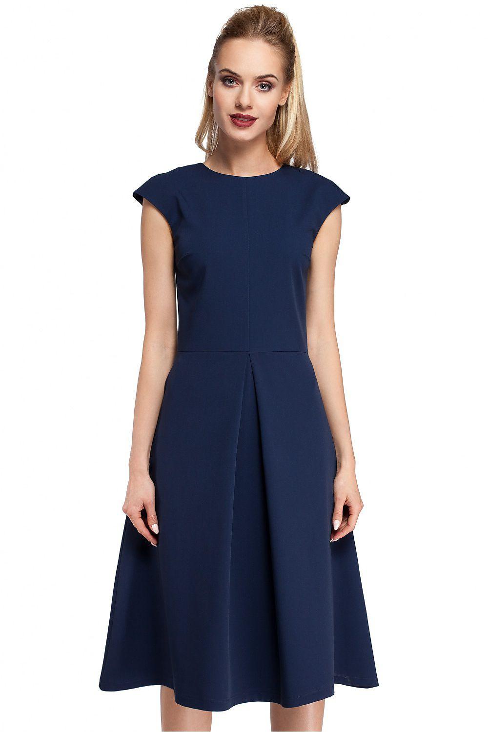 Navy blue daydress with cap sleeves, round neckline, fitted waist, and flared skirt.