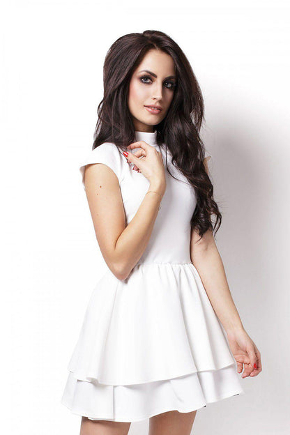 White sleeveless cocktail dress with layered ruffle skirt, IVON 86956