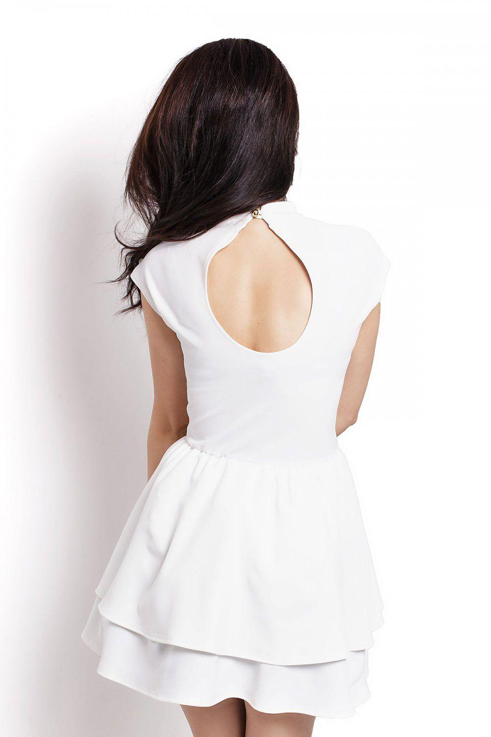 White cocktail dress with open back and layered flounce skirt, IVON 86956