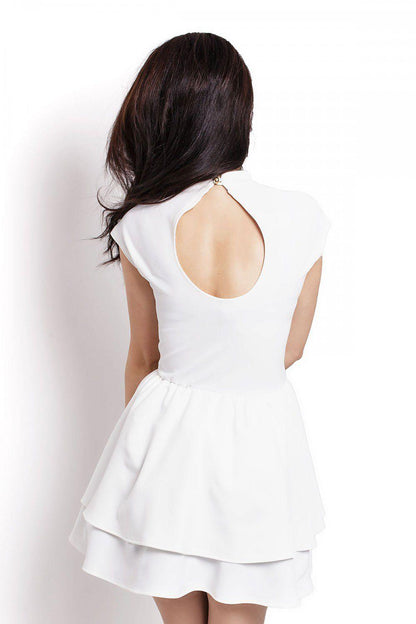 White cocktail dress with open back and layered flounce skirt, IVON 86956