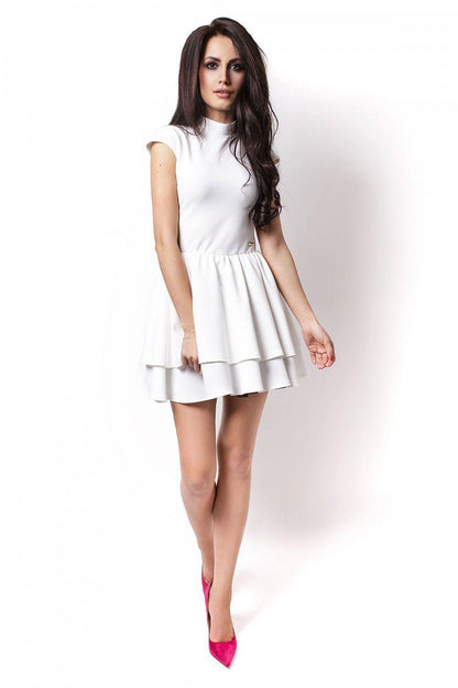 White sleeveless cocktail dress with high neck and layered skirt, IVON 86956