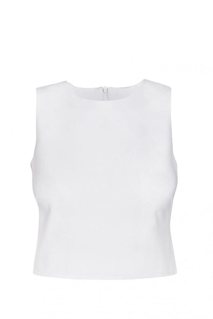 Top model 86969 IVON white sleeveless top with high round neck and small back slit