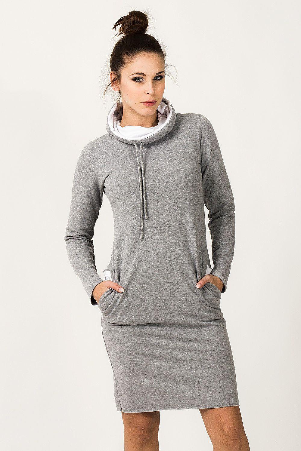 Grey hooded daydress with drawstring, long sleeves and kangaroo pocket.