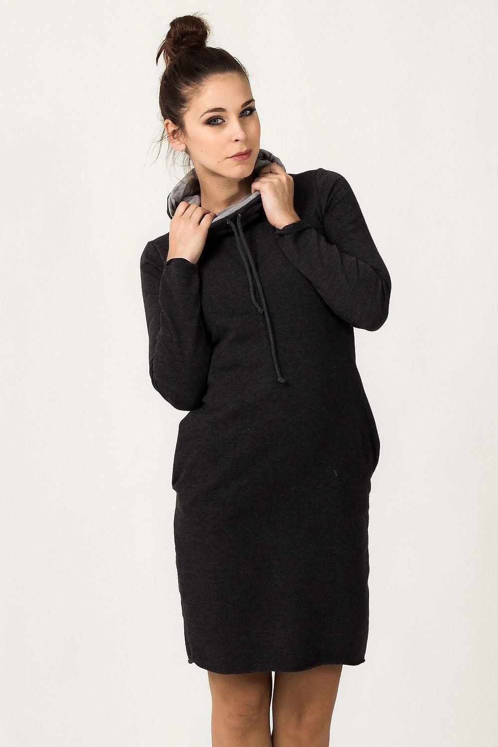 Dark grey daydress with hood, long sleeves, drawstring, front zip