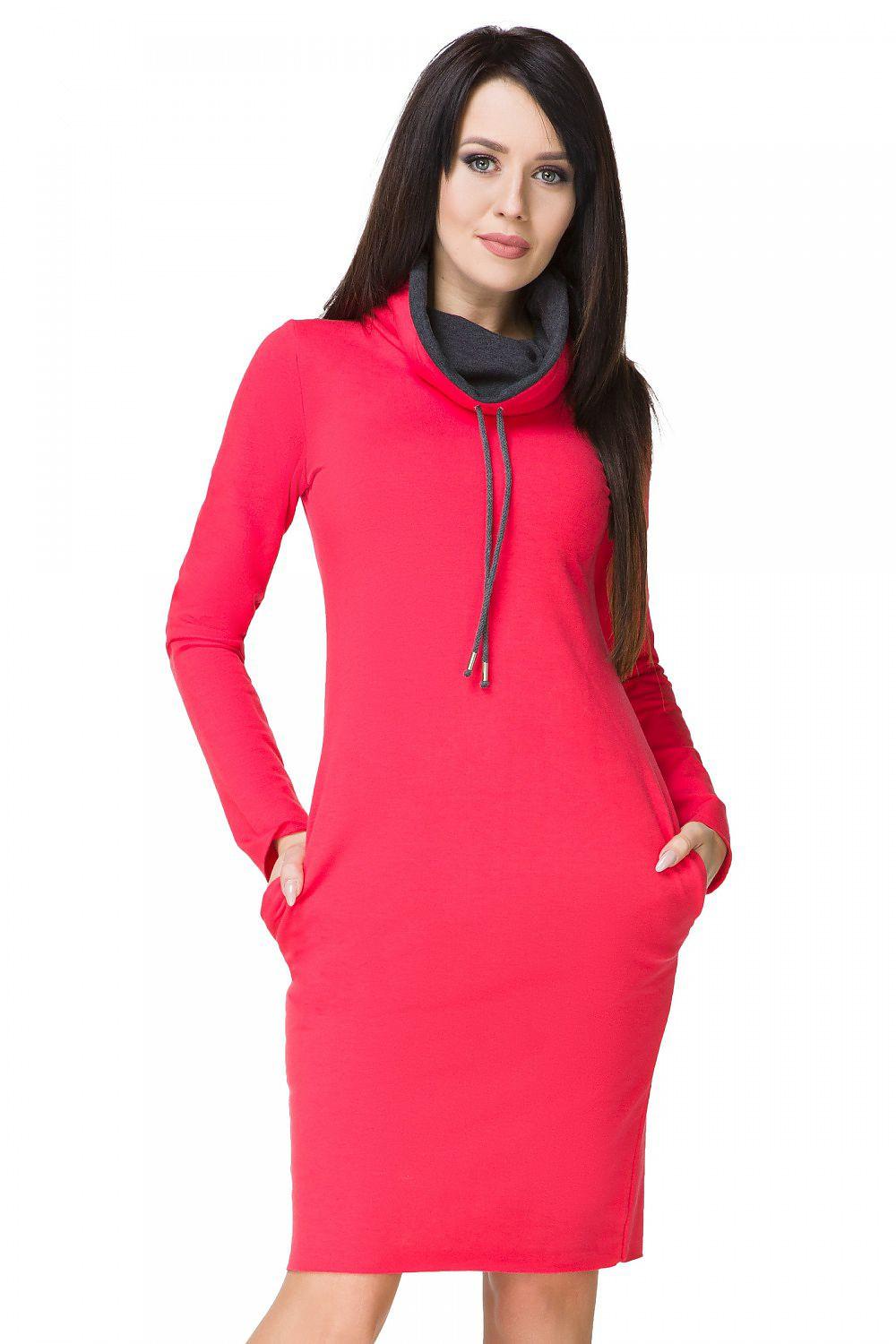 Pink daydress with hood, long sleeves, and drawstring