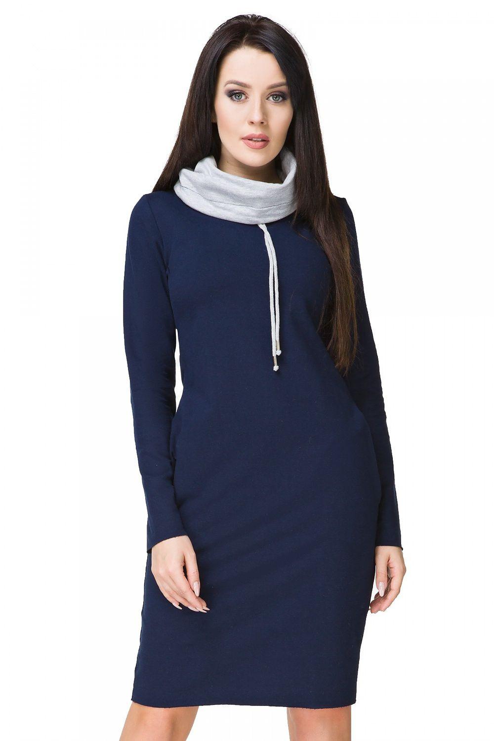 Navy blue long-sleeve day dress with gray cowl neck and front zipper