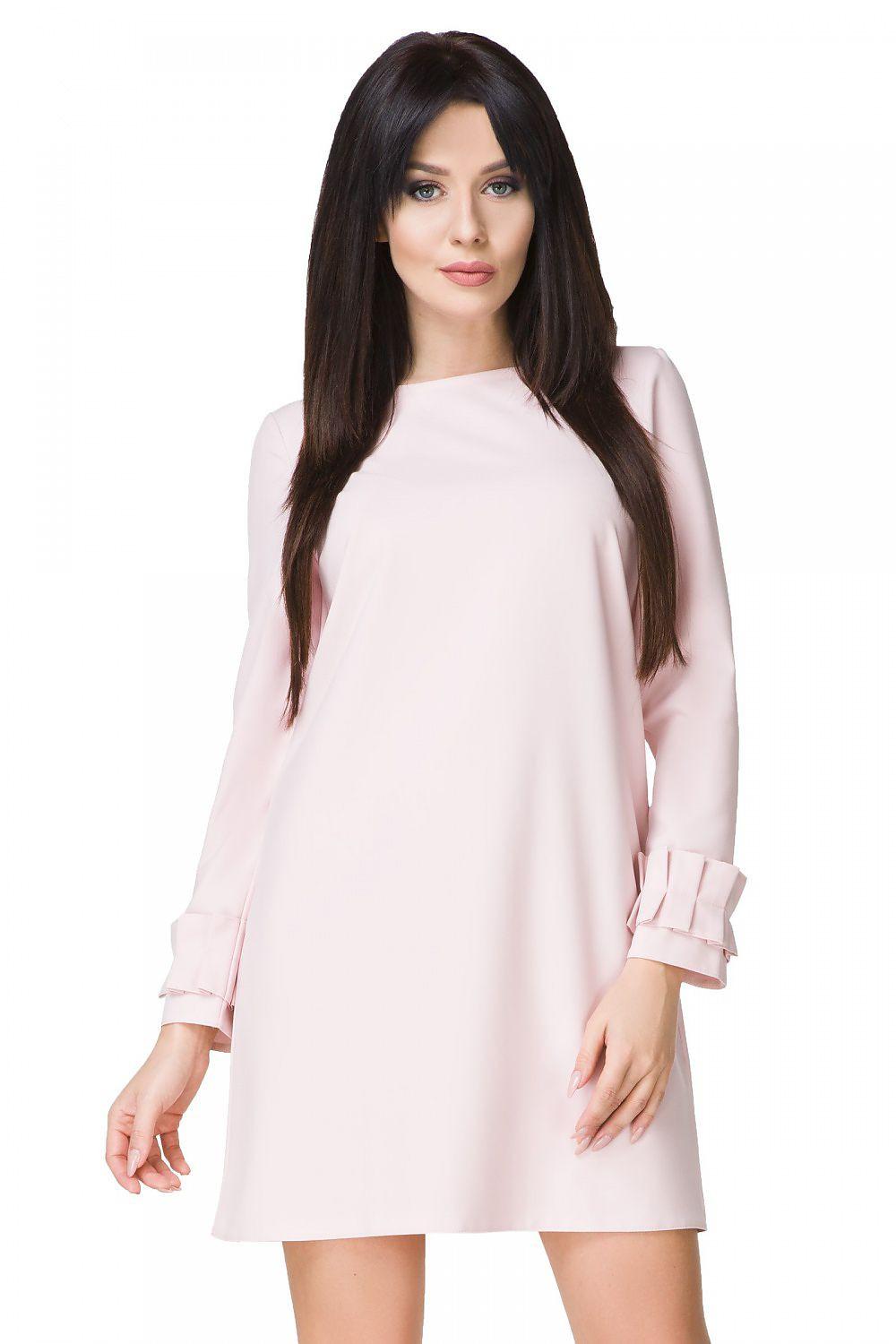 Beige long-sleeve cocktail dress with crew neck
