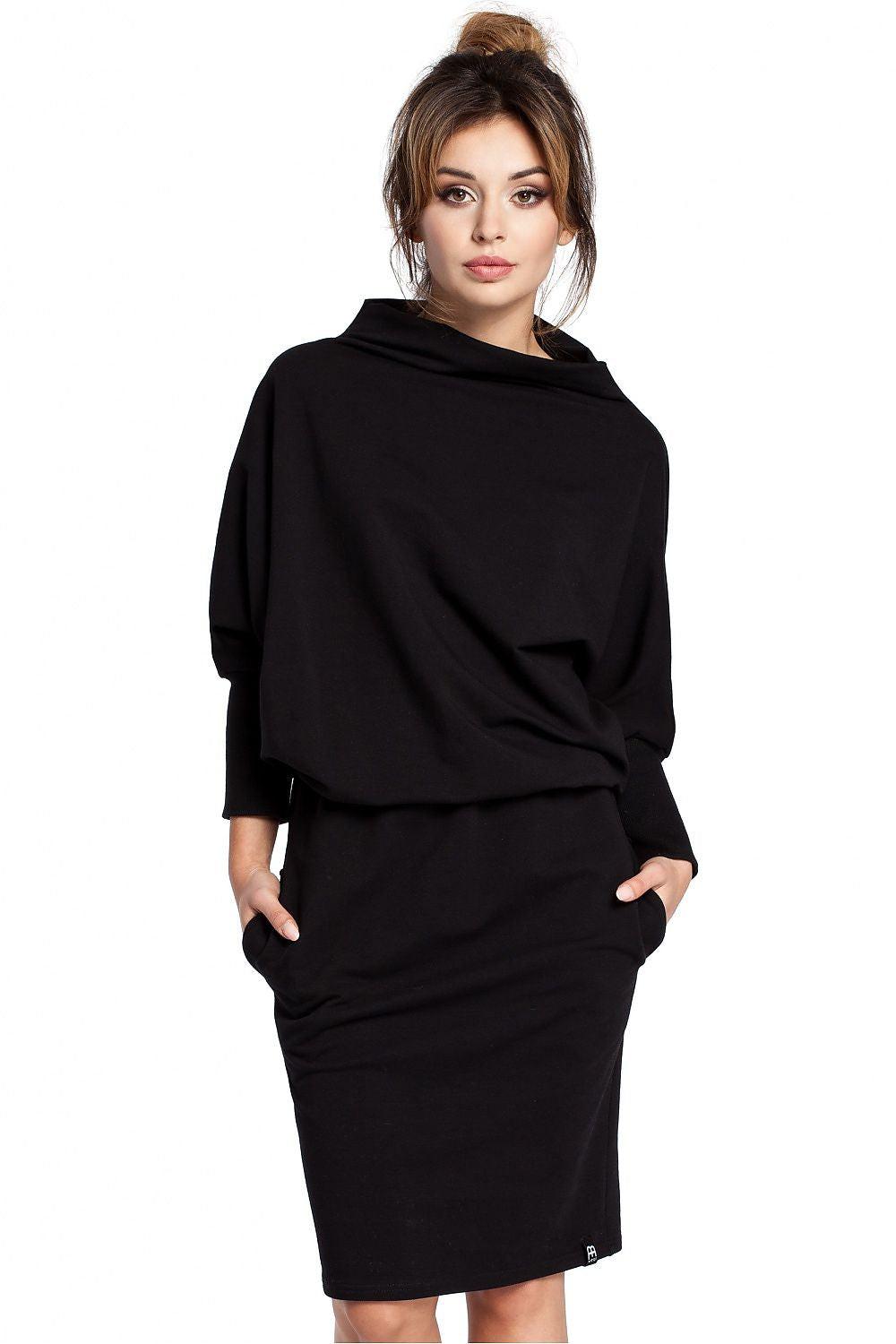 BeWear daydress in black with draped cowl neck and gathered waist, 3/4 sleeves