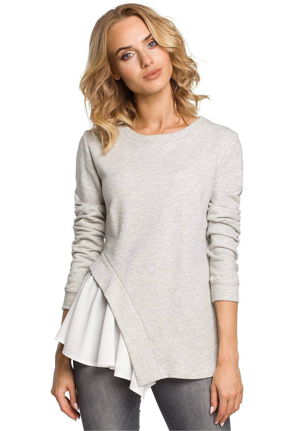 Grey long-sleeve blouse with crew neck and layered white asymmetric hem detail