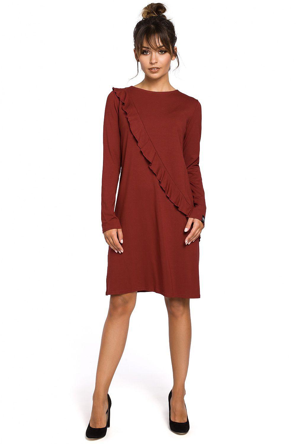 BeWear daydress, long sleeve, knee-length, ruffle front, solid red