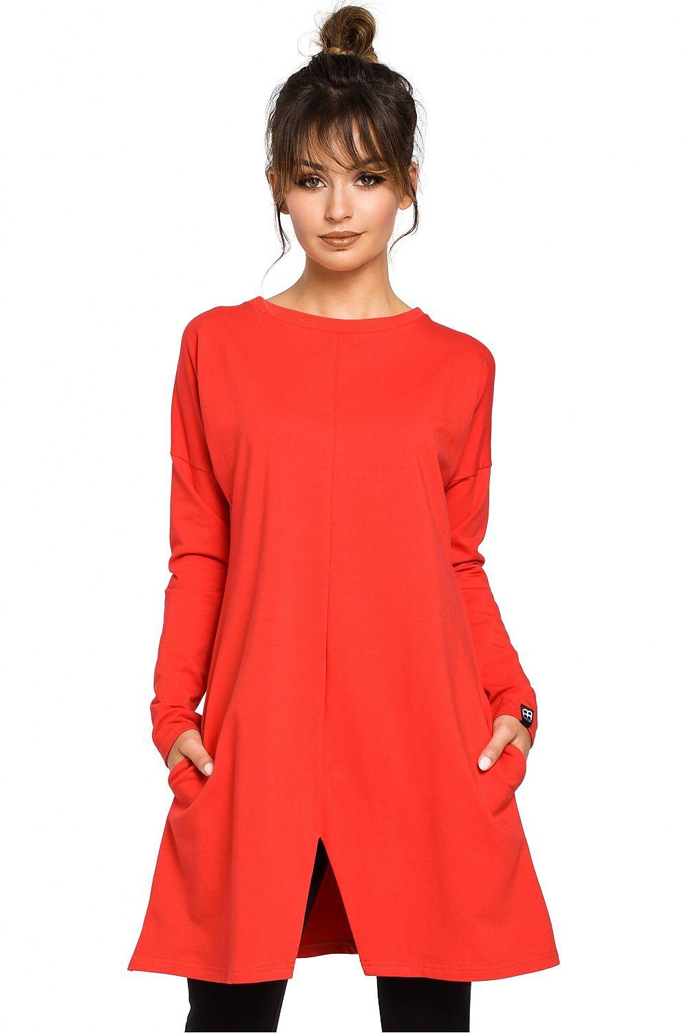 BeWear red tunic with long sleeves and front slit hem