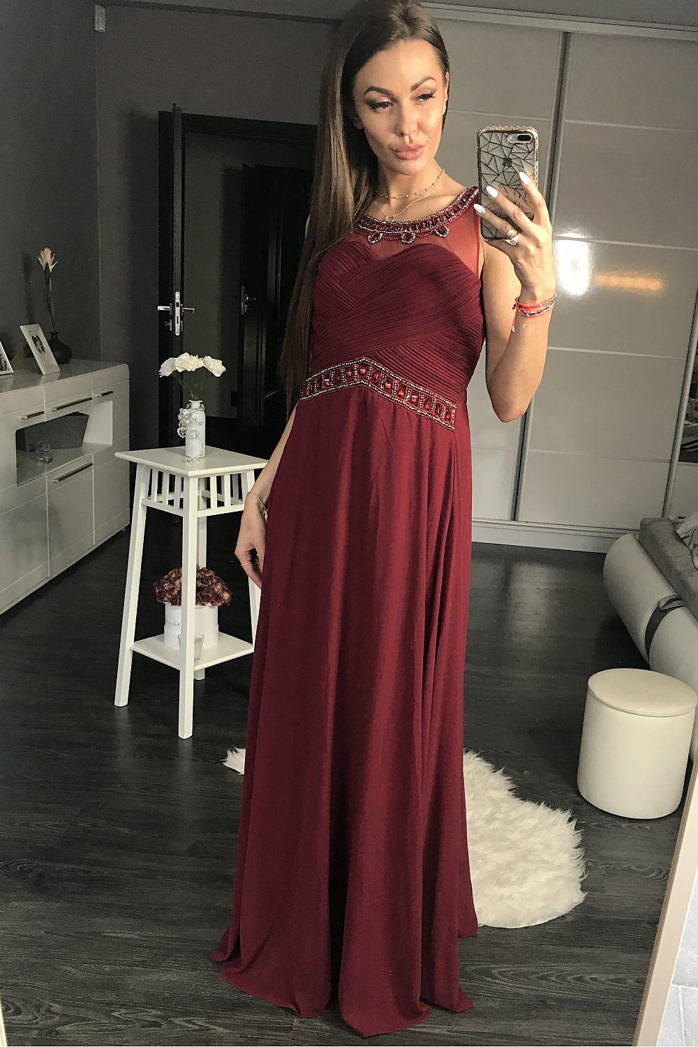 Aubergine sleeveless maxi dress with glitter beaded neckline and fitted bodice
