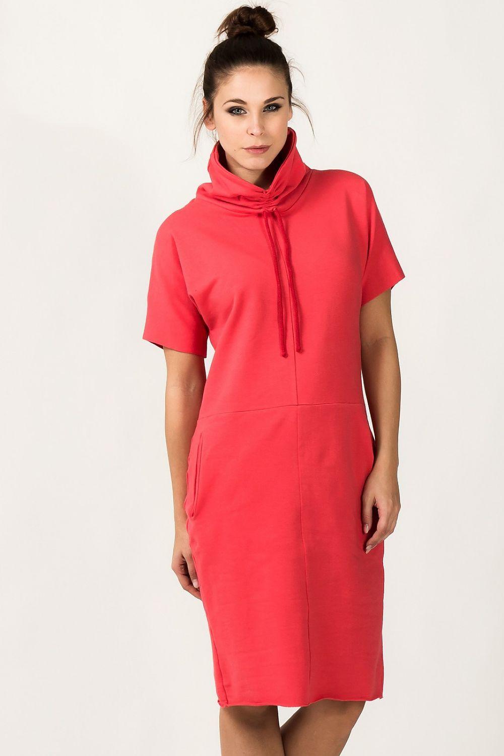 Coral red hooded short-sleeve daydress with drawstring ties and front pocket