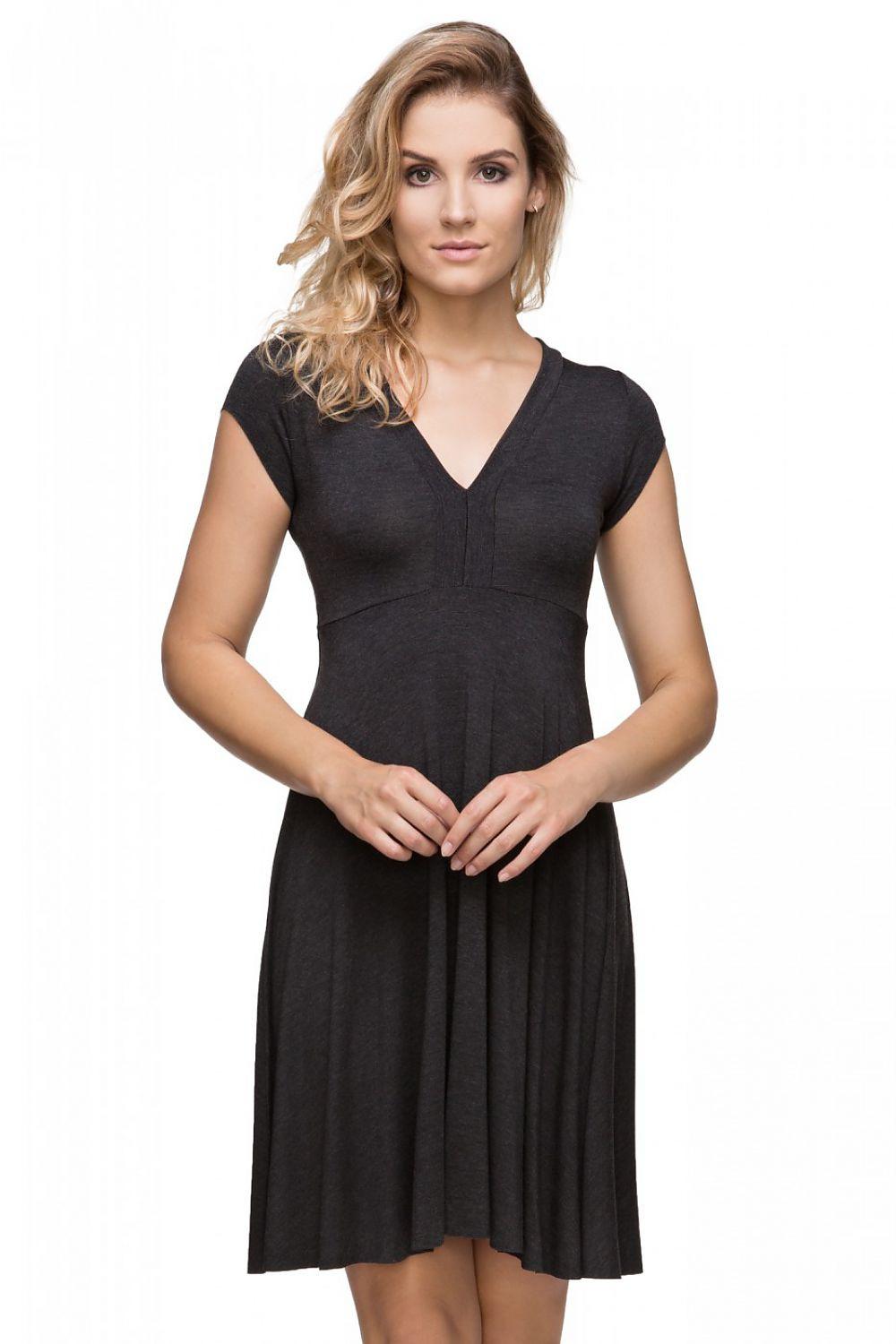 Evening dress with short sleeves, V-neck, dark flared skirt
