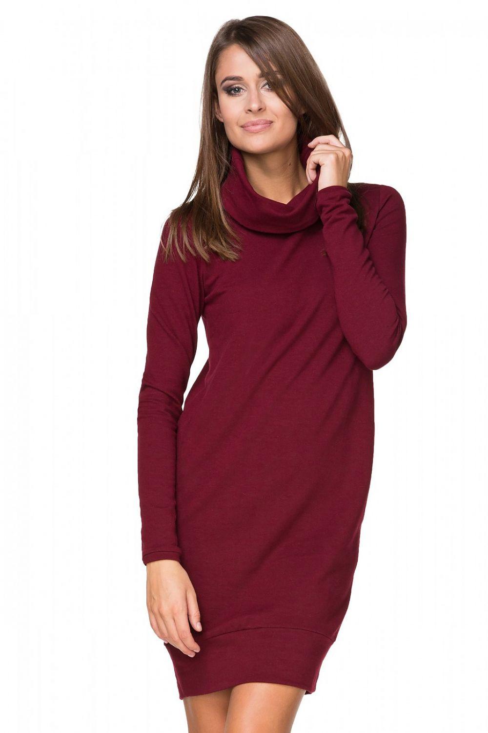 Burgundy daydress with cowl neck, long sleeves, fitted mini-length silhouette