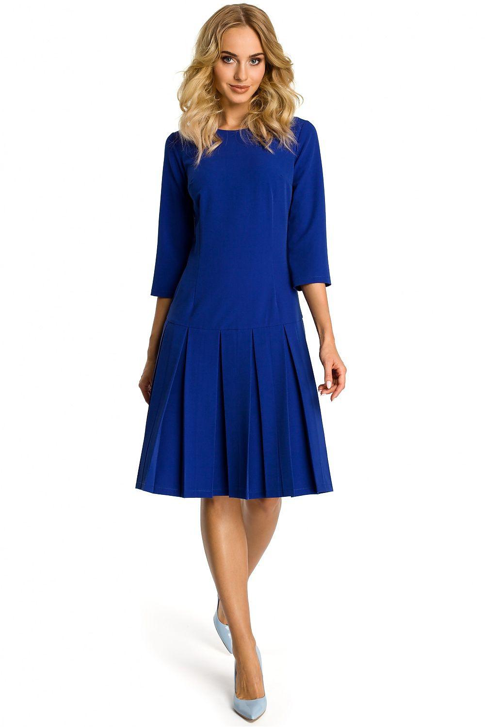 Blue daydress with 3/4 sleeves, round neckline, and pleated A-line skirt