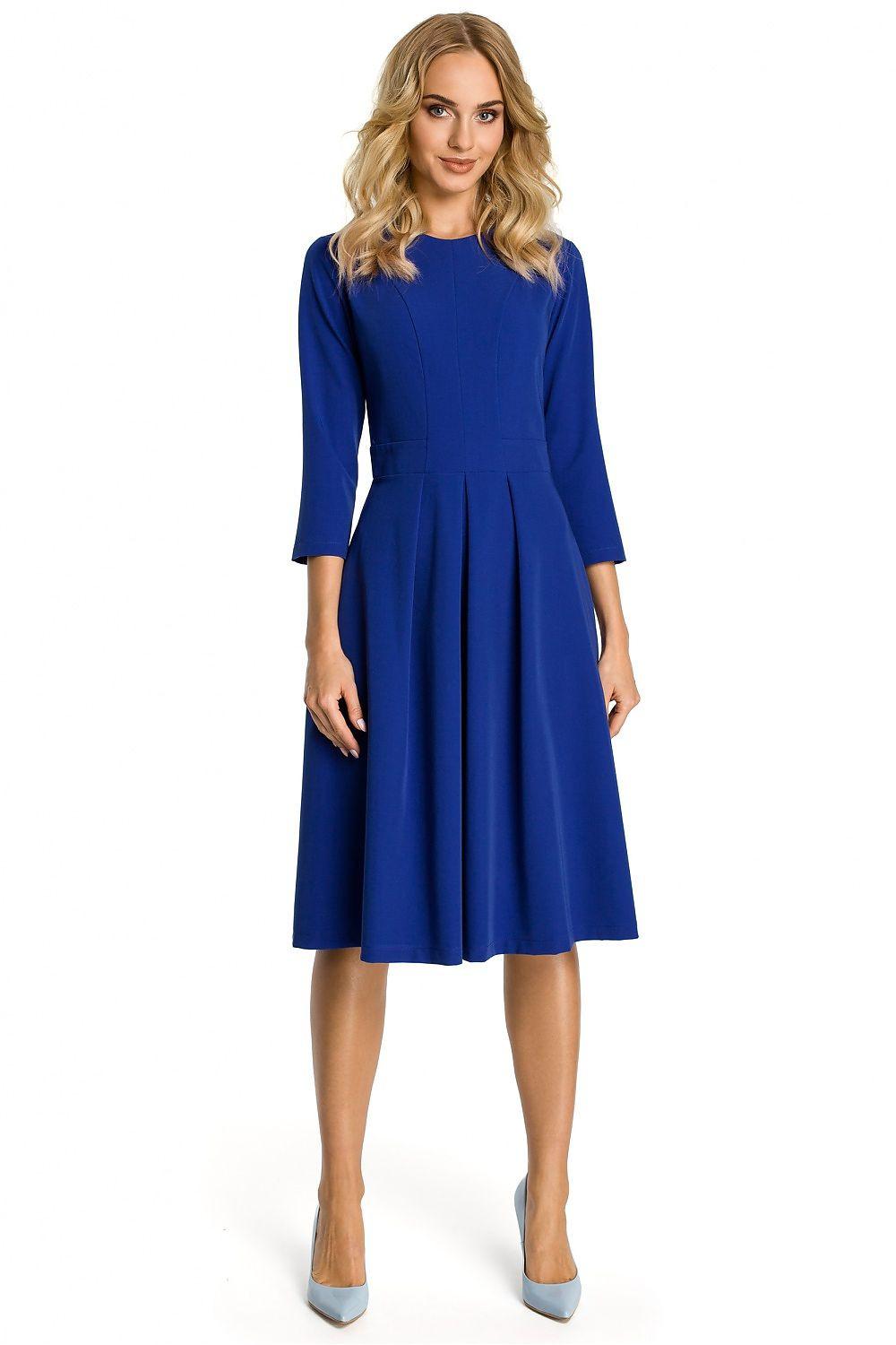 Blue day dress with 3/4 sleeves, scoop neck, pleated skirt, knee-length