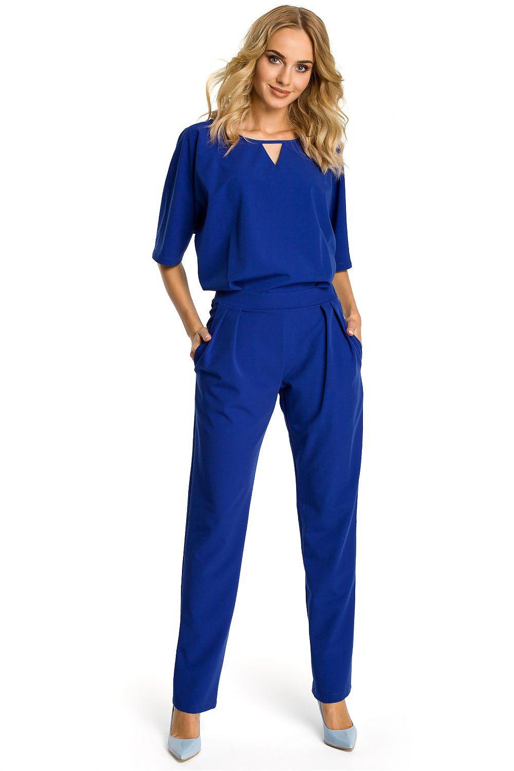 Blue relaxed-fit jumpsuit with V-neck, cuffed 3/4 sleeves, and tie waist