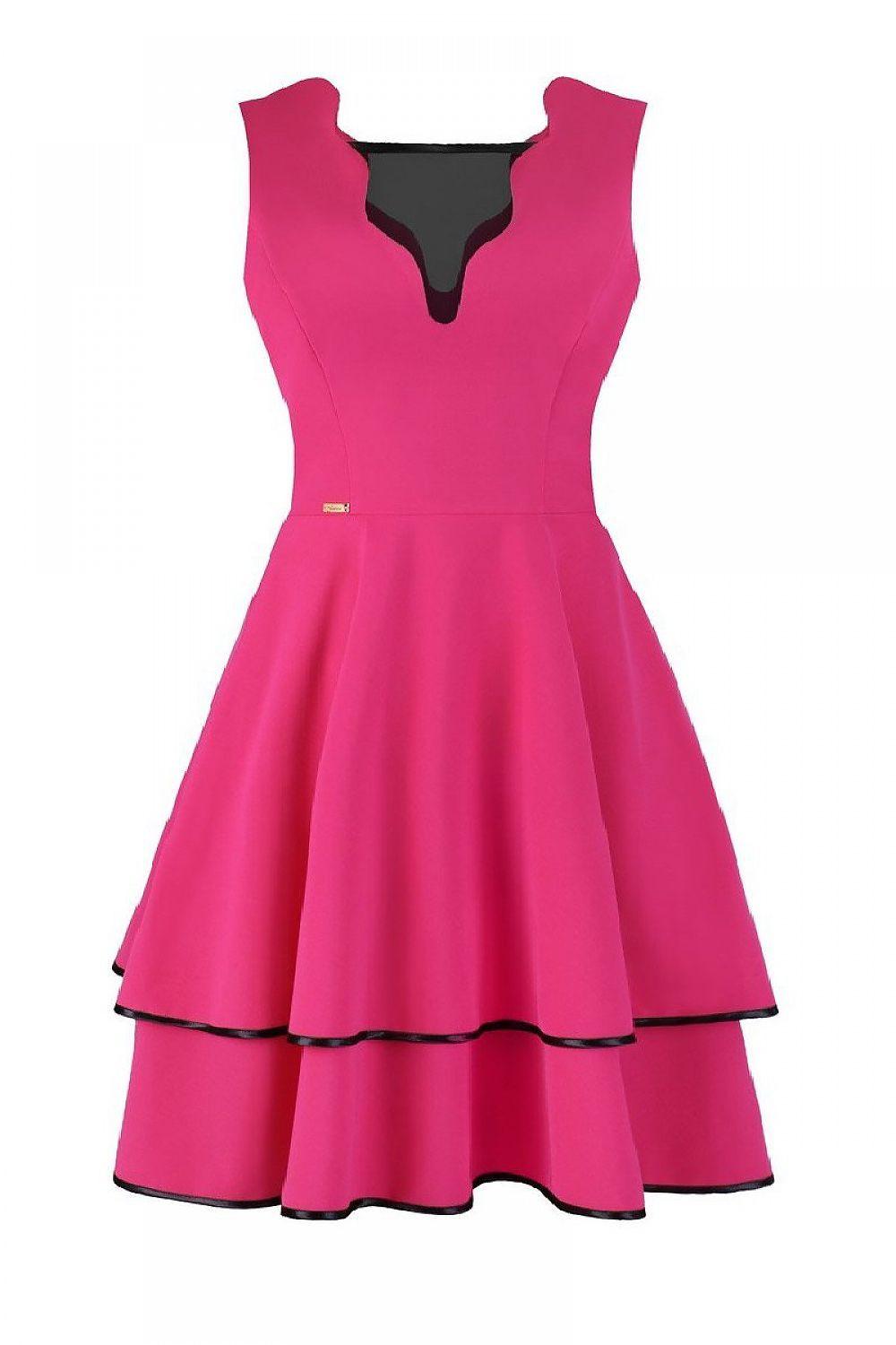 Pink cocktail dress with V-scoop neckline and tiered flared skirt