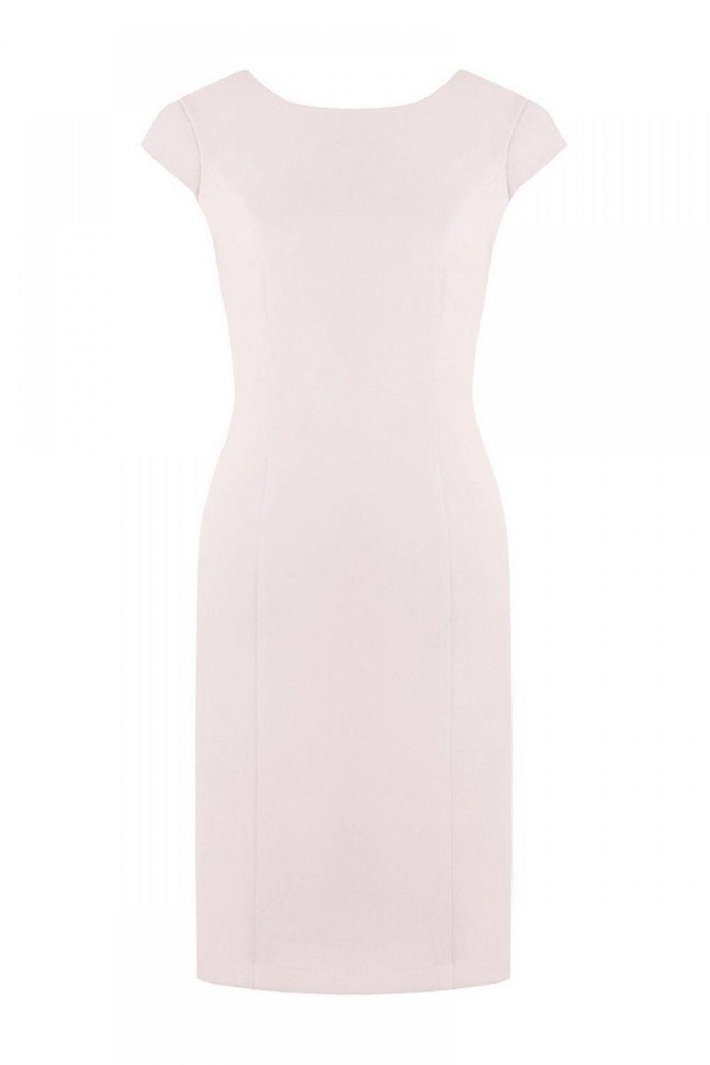 Pink cocktail dress, fitted sheath style with short sleeves and round neckline.