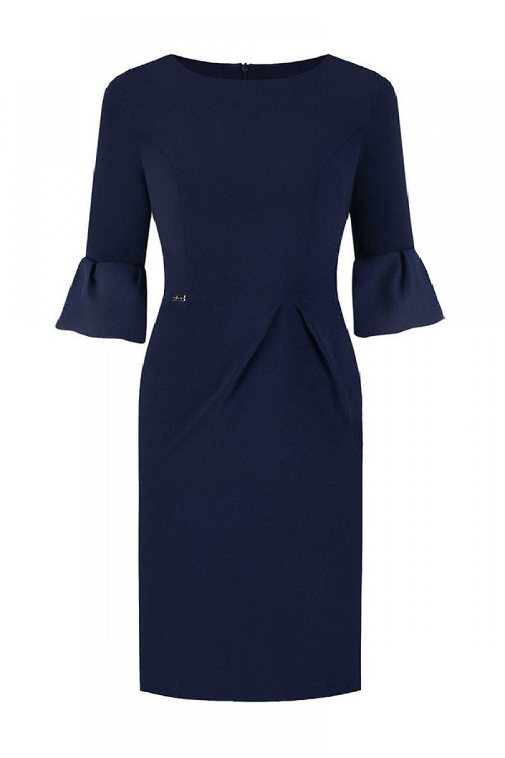 Plus size navy blue dress with 3/4 flared sleeves and frill hem