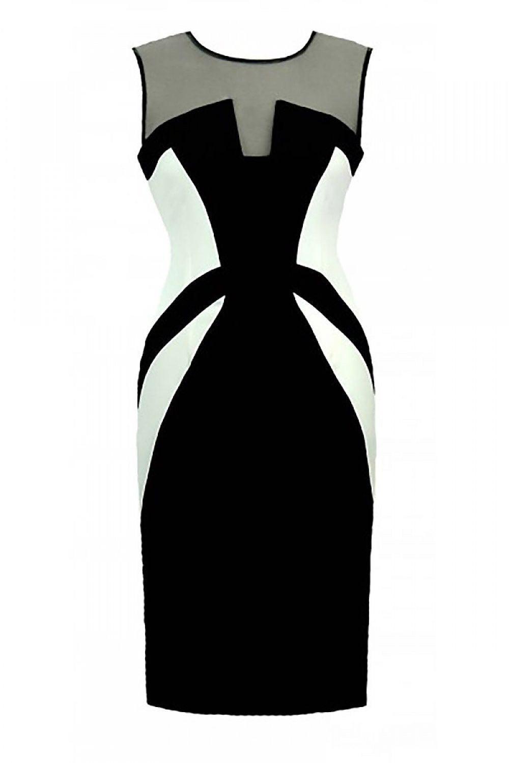 Black sleeveless cocktail dress, fitted sheath with corset cutout panels at bodice