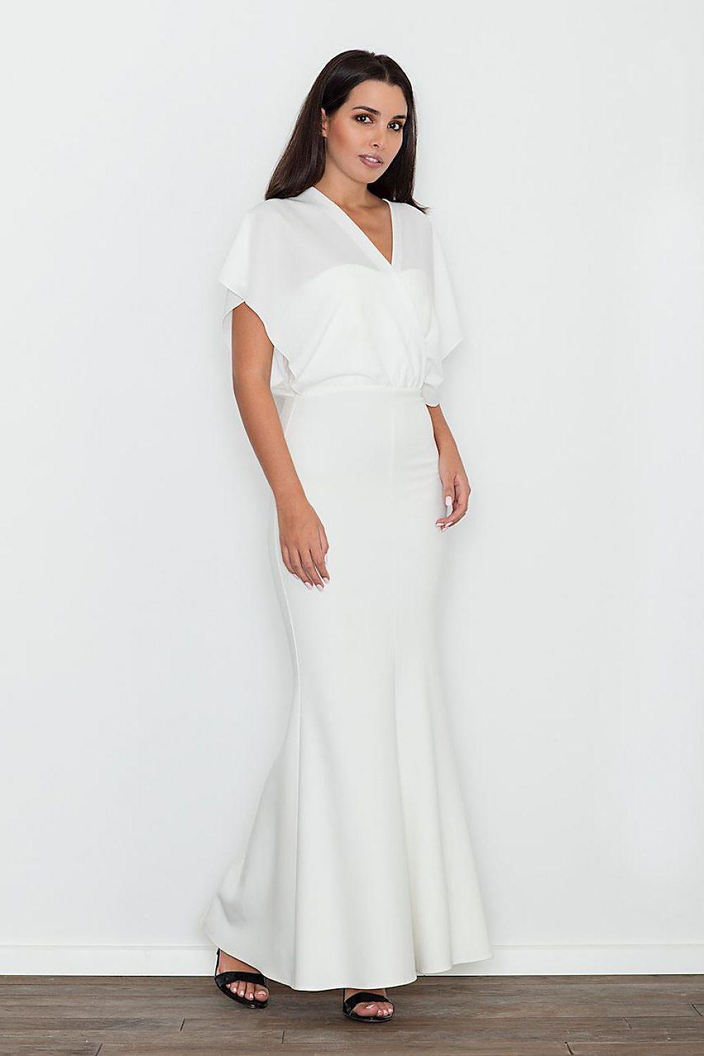 White maxi dress with V-neck, short sleeves, fitted waist tie and flared skirt