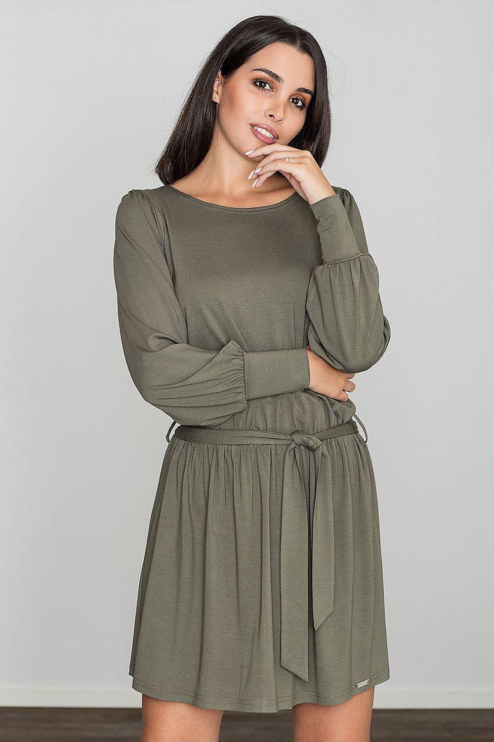 Figl daydress model 111038, olive green, long sleeves, gathered waist tie