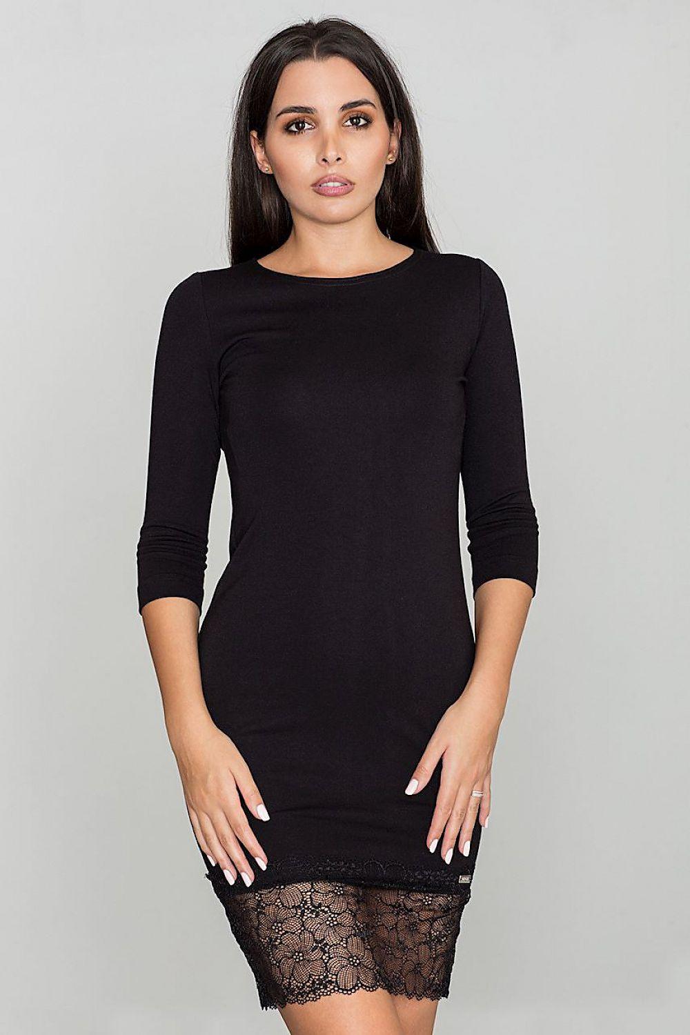 Black evening dress with lace hem, 3/4 sleeves, fitted knit top